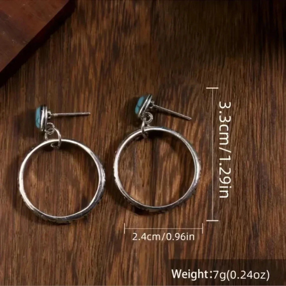 2 LEFT! Bohemian Turquoise Silver Hoop Earrings - Picture 5 of 5